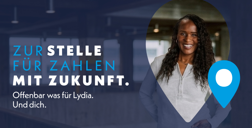 Bild: Werbeplakat mit einer lächelnden Frau. Der Slogan heißt: Zur Stelle für Zahlen mit Zukunft. Offenbach was für Lydia. Und dich.