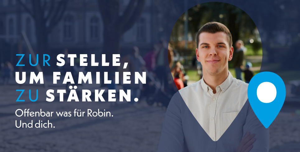 Bild: Werbeplakat mit einem lächelnden Mann. Der Slogan heißt: Zur Stelle um familien zu stärken. Offenbach was für Robin. Und dich.