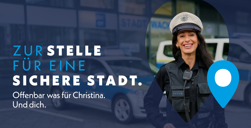 Bild: Werbeplakat mit einer lächelnden Frau. Der Slogan heißt: Zur Stelle für eine sichere Stadt. Offenbach was für Christina. Und dich.