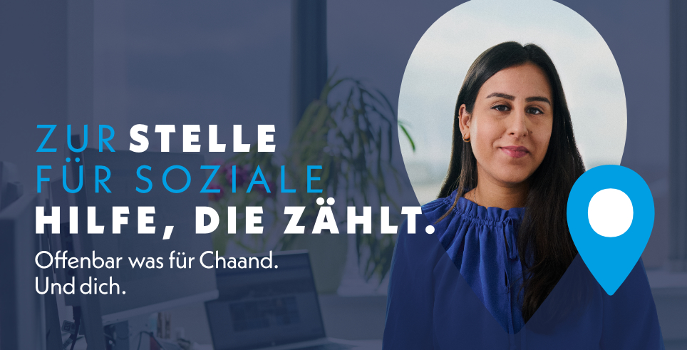 Bild: Werbeplakat mit einer lächelnden Frau. Der Slogan heißt: Zur Stelle für soziale Hilfe, die zählt. Offenbach was für Chaand. Und dich.